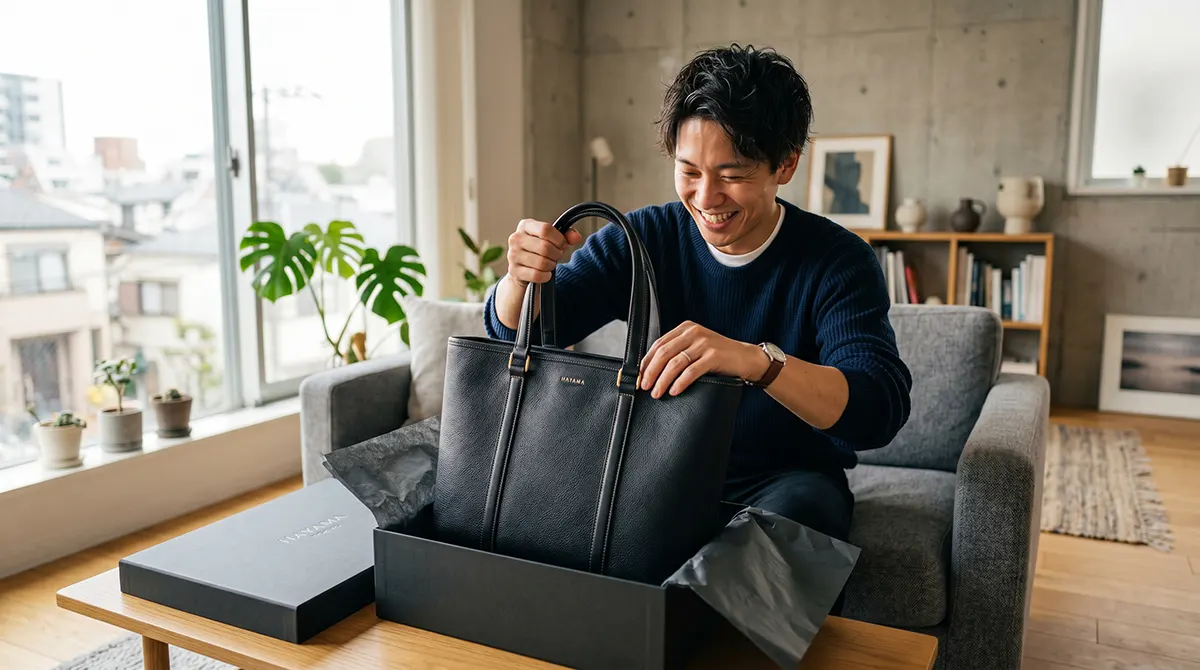 ankopi（アンコピ）で手に入れた芸能人愛用モデル風メンズトートバッグを開封する瞬間。上質なレザーの質感が際立つ2026年最新の購入体験