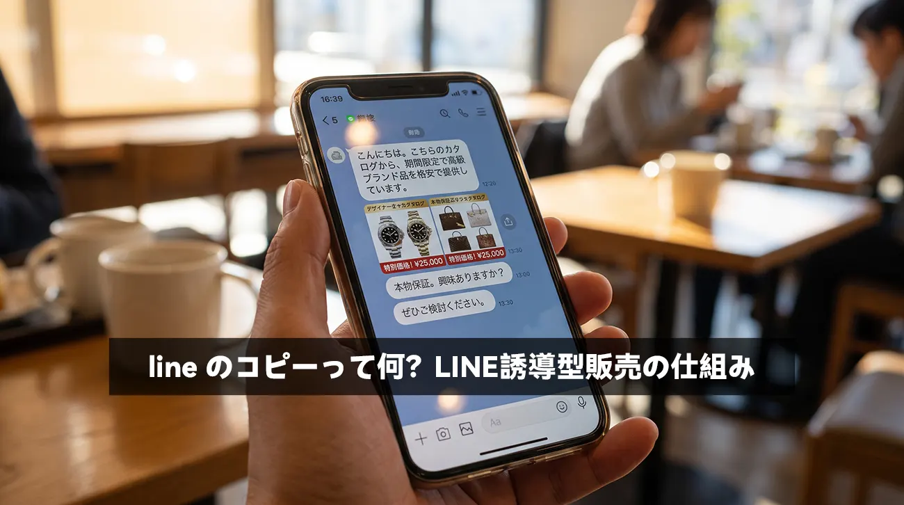 スマホ画面に表示されたブランドコピー品のLINEチャットカタログのイメージ