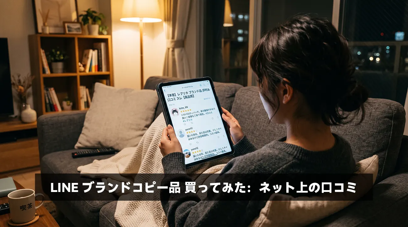 タブレットでブランドコピー品の口コミやレビューを調べる様子