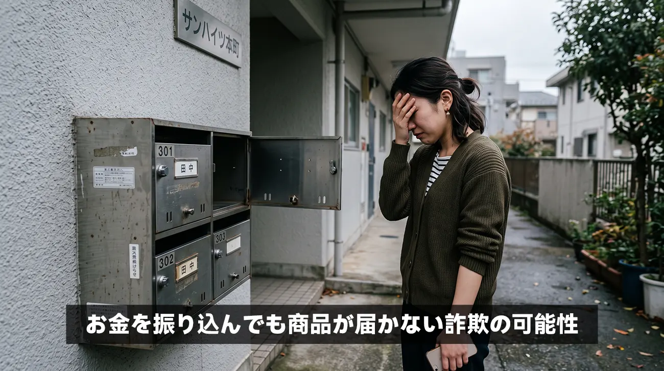 振り込み後に商品が届かず、空のポストの前で落胆する様子のイメージ