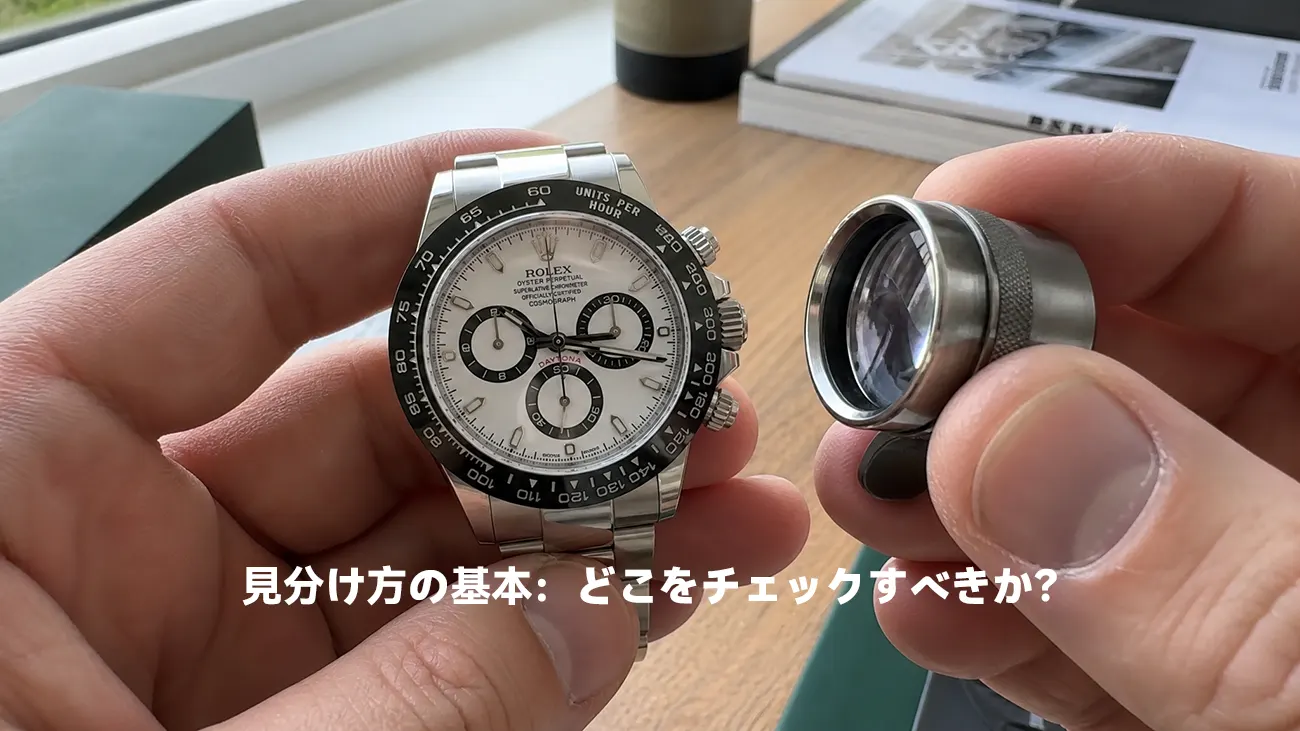 鑑定用のルーペで細部を検証するロレックス デイトナ