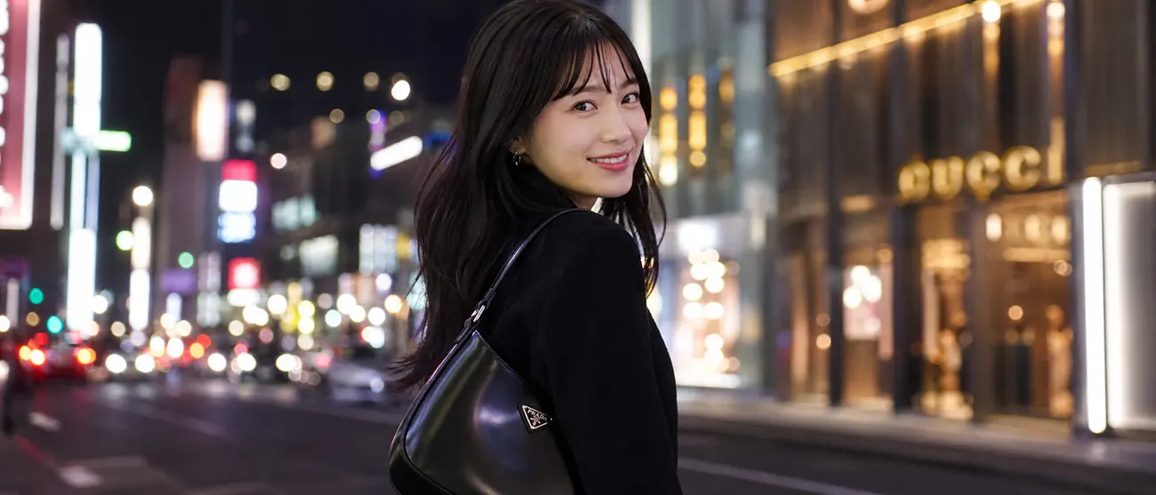 夜の銀座でプラダのクレオバッグを肩にかけ、笑顔を浮かべる女性