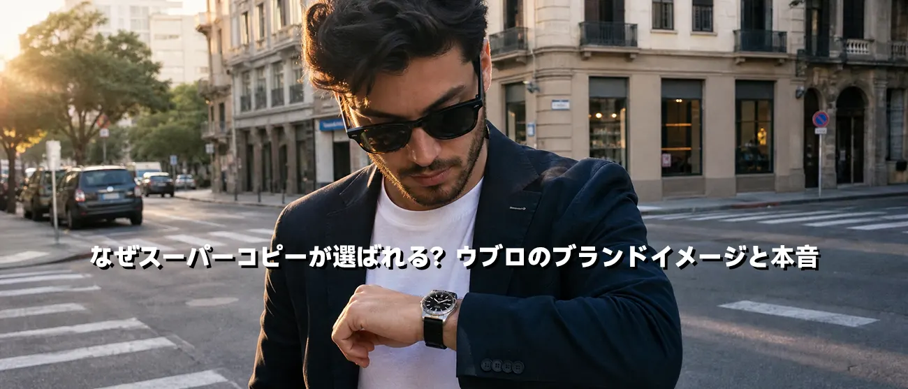 街中でカジュアルにウブロ クラシック・フュージョンを着用するスマホ写真