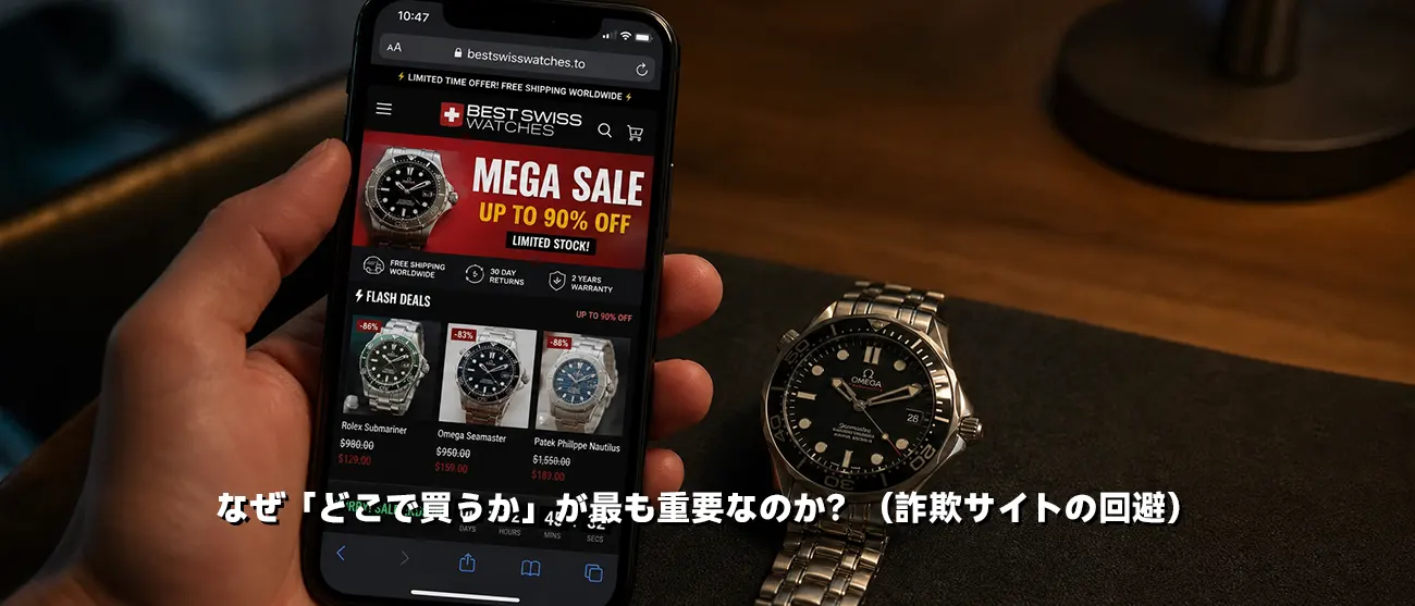 不審なウェブサイトが表示されたスマートフォンと手元の時計