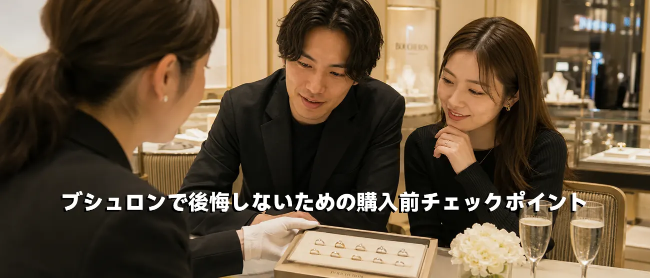 ブシュロンの高級ブティックカウンターで婚約指輪を試着するシーン